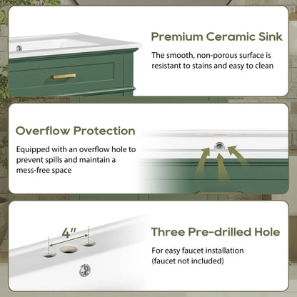 Harper & Bright Designs 30" Bathroom Vanity Combo with Ceramic Sink, Bathroom Vanity Cabinet with Soft Close Doors and Adjustable Shelves, Green