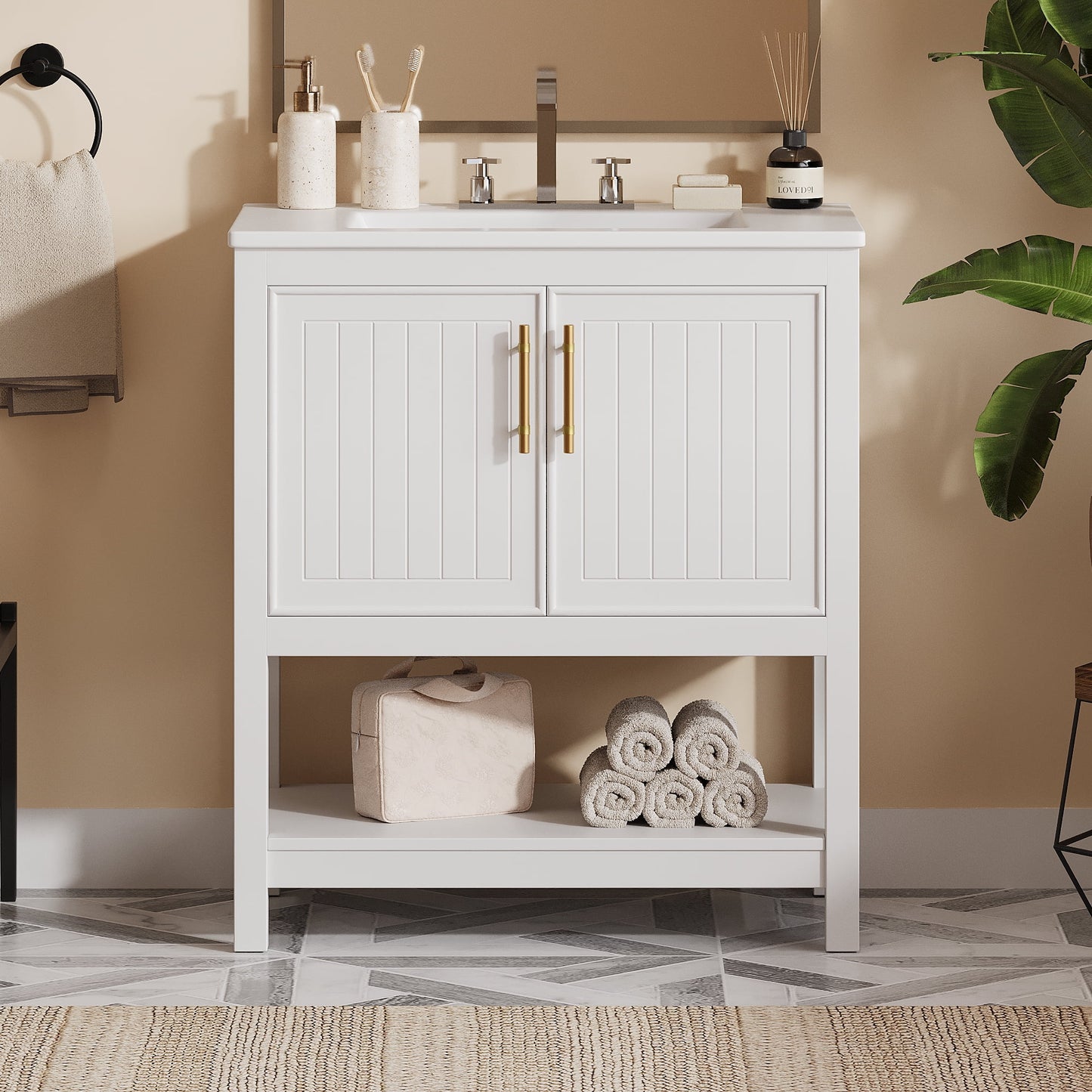 30-Inch White Bathroom Vanity with Ceramic Sink and Versatile Storage - Ideal for Small Bathrooms, White