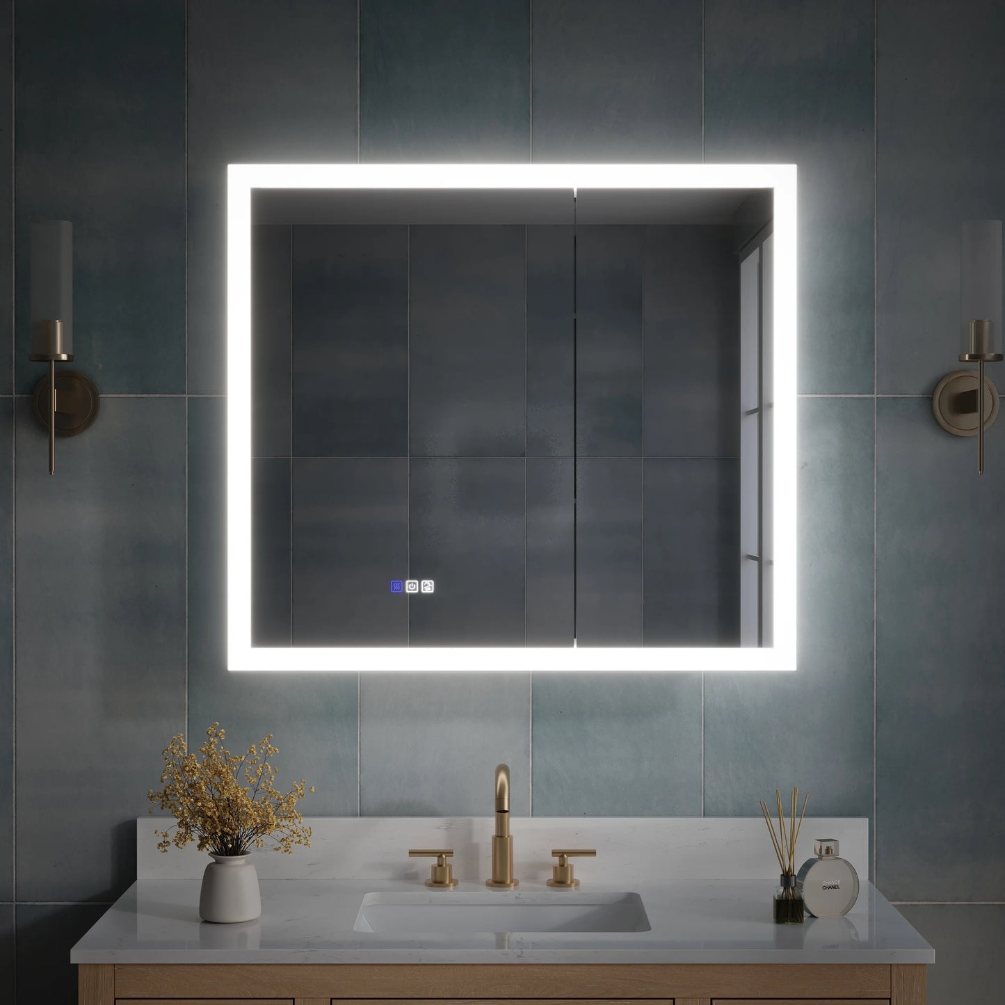 ANGELES HOME 36" x 32" LED Lighted Bathroom Medicine Cabinet with Mirror, 3X Magnification Makeup Mirror, Vanity Mirror Cabinet w/ Defogger, Dimmable, Memory Function, Outlets & USB
