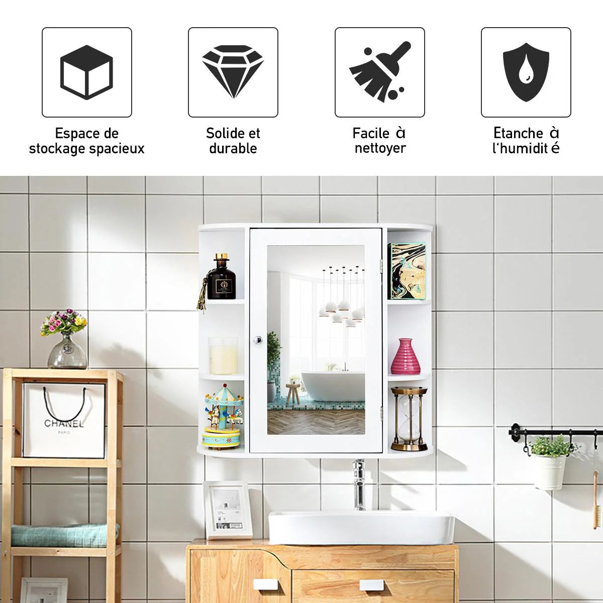 Giantex Bathroom Mirror Cabinet, Modern Wall Cabinet with Mirror, Medicine Cabinet with Mirror, Ideal for Bathroom, Dressing Room or Living Room, 26 x 6.5 x 25 inches (White)