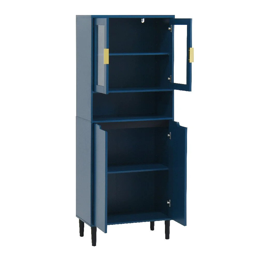 Kepooman Tall Storage Show Cabinet with 2 Glass Display Door & 2 Doors, Tall Kitchen Pantry Cabinet with Gold Handles, Modern Cabinet Freestanding for Bathroom, Dining Living Room, Blue