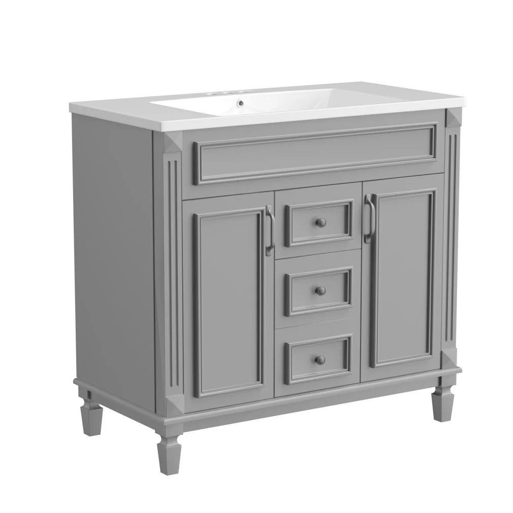 36'' Bathroom Vanity Set, Undermount Bathroom Cabinet and Mirror Cabinet, Ceramic Sink Top, Storage Cabinet with 2 Soft Closing Doors and 2 Drawers, Vanity Cabinet Set, Suit for 4'' Faucet, Gray