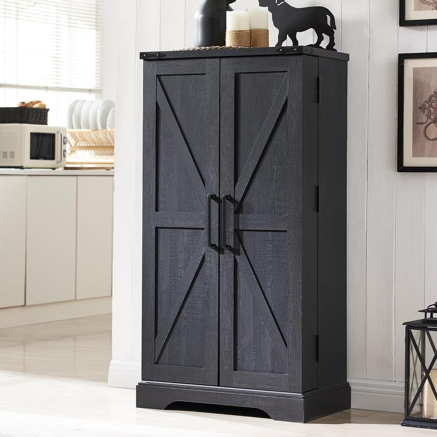 47" Kitchen Pantry, Farmhouse Storage Cabinet with Barn Doors, Organizer and Adjustable Shelves, Rustic Wood Cupboard for Kitchen, Dining Room, Bathroom and Hallway, Black