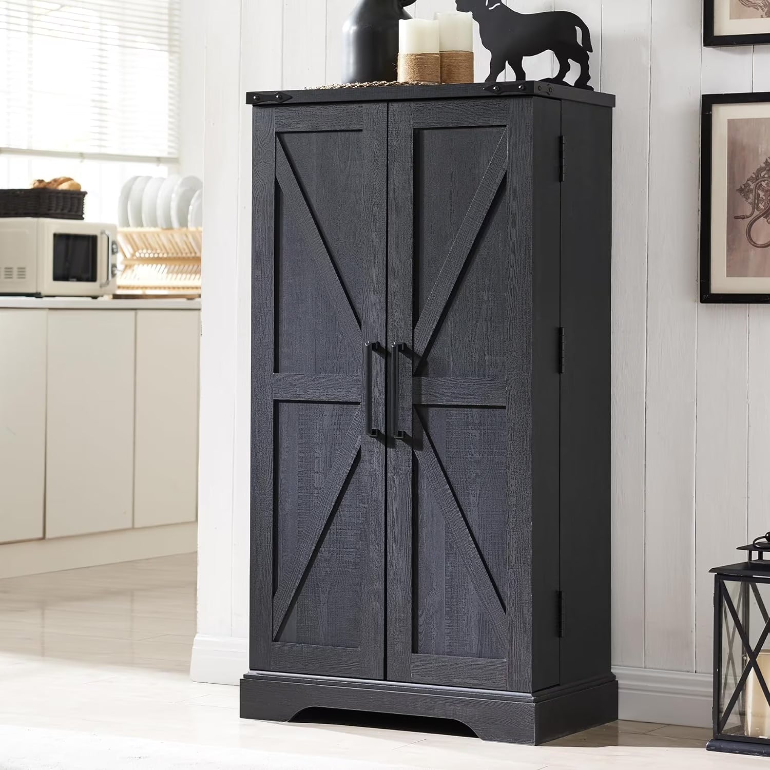 47" Kitchen Pantry, Farmhouse Storage Cabinet with Barn Doors, Organizer and Adjustable Shelves, Rustic Wood Cupboard for Kitchen, Dining Room, Bathroom and Hallway, Black
