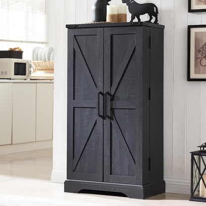 47" Kitchen Pantry, Farmhouse Storage Cabinet with Barn Doors, Organizer and Adjustable Shelves, Rustic Wood Cupboard for Kitchen, Dining Room, Bathroom and Hallway, Black