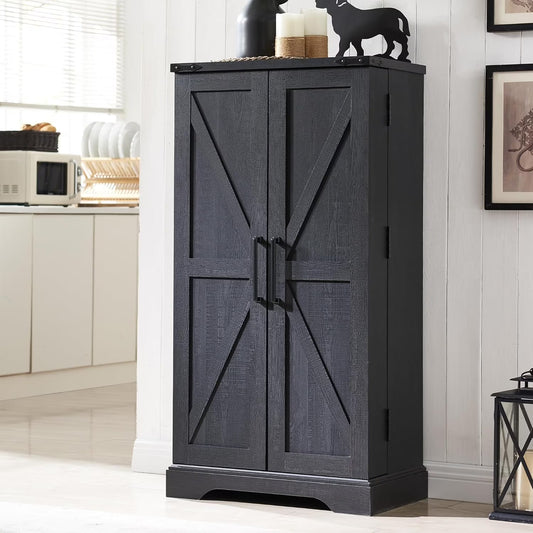 47" Kitchen Pantry, Farmhouse Storage Cabinet with Barn Doors, Organizer and Adjustable Shelves, Rustic Wood Cupboard for Kitchen, Dining Room, Bathroom and Hallway, Black