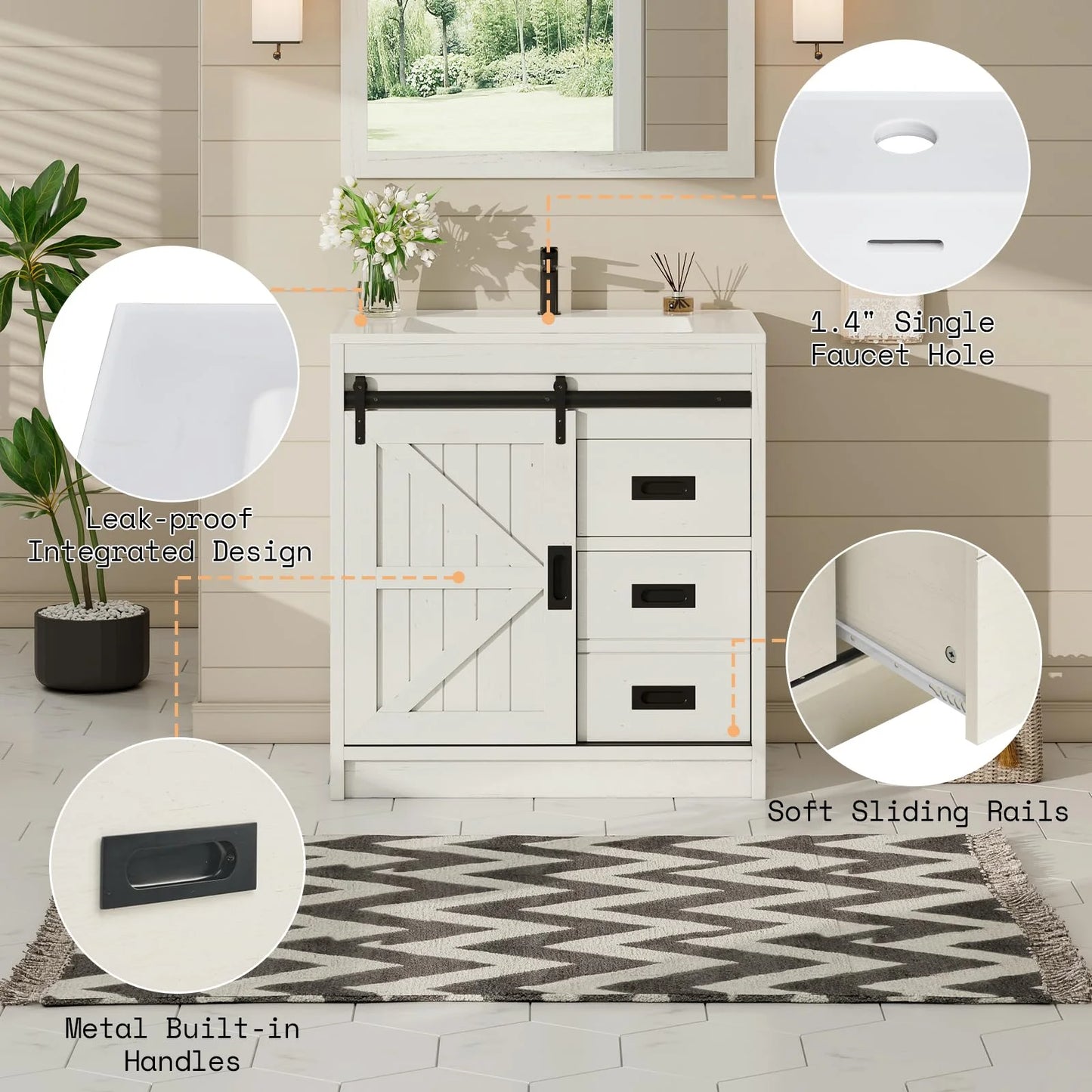 VANACC 31" Farmhouse Sliding Barn Door Bathroom Vanity with Sink Combo, Bathroom Cabinet with Drawers & Metal Handles, Freestanding, Distressed White