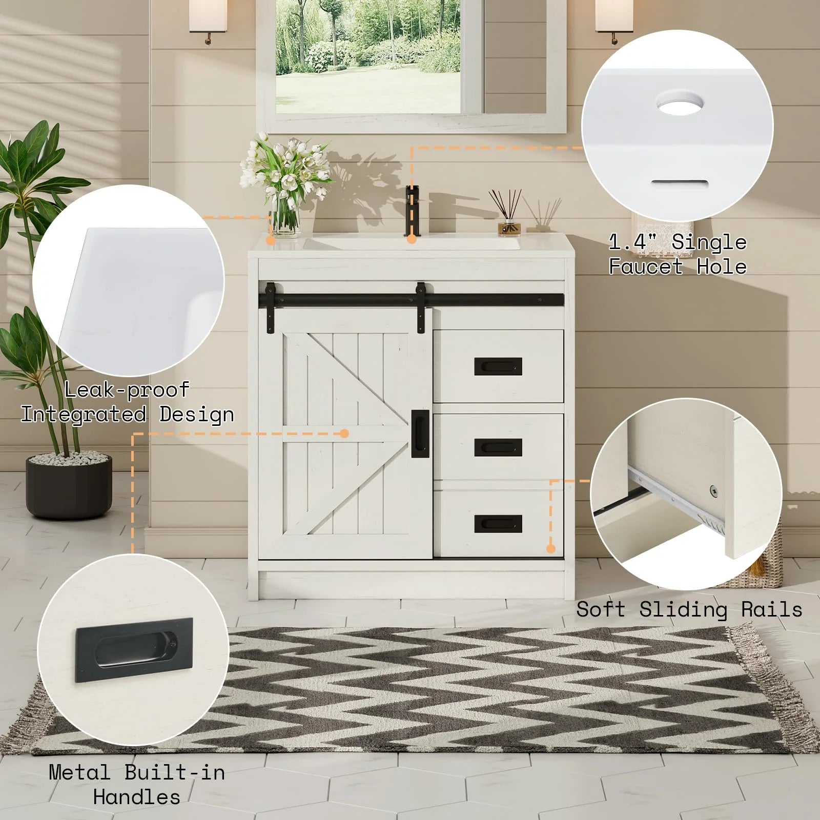 VANACC 31" Farmhouse Sliding Barn Door Bathroom Vanity with Sink Combo, Bathroom Cabinet with Drawers & Metal Handles, Freestanding, Distressed White