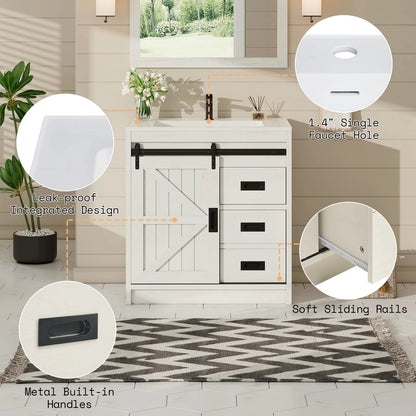 VANACC 31" Farmhouse Sliding Barn Door Bathroom Vanity with Sink Combo, Bathroom Cabinet with Drawers & Metal Handles, Freestanding, Distressed White