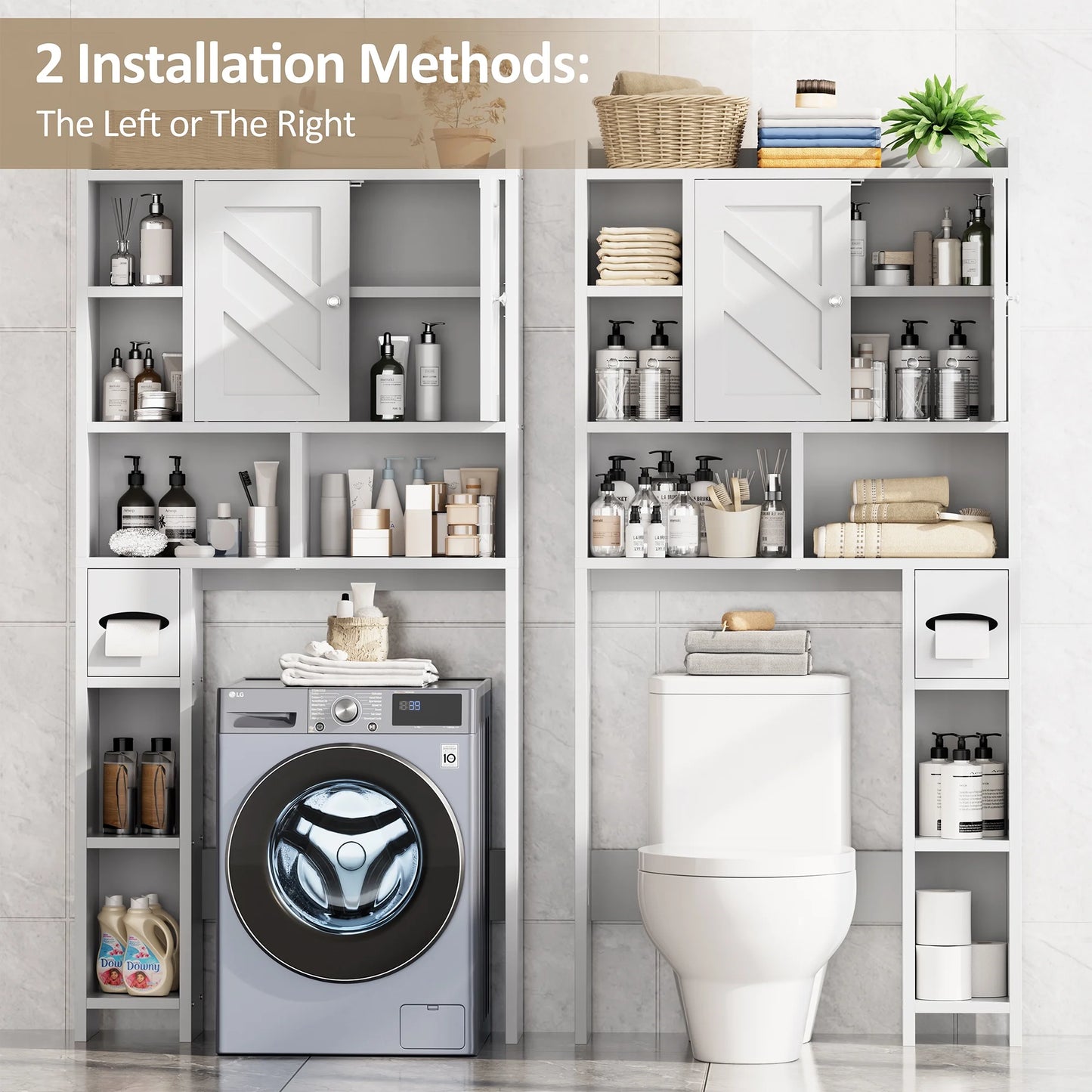 Walsunny Over the Toilet Storage Cabinets with Doors Side Shelves Toilet Paper Holder Stand Organizer Shelf Rack Space Saver above behind Toilet Freestanding for Bathroom Restroom Laundry Gray