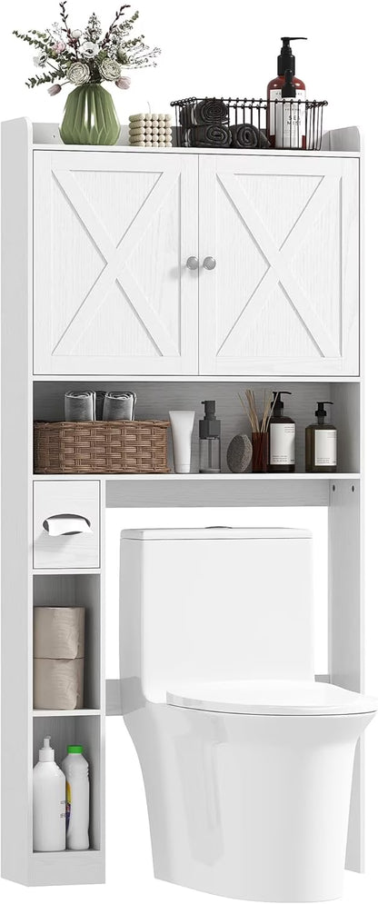 ZIRAV Over The Toilet Storage Cabinet, Farmhouse Above Toilet Bathroom Organizer with Barn Doors, Adjustable Shelf, Toilet Paper Holder, Freestanding Space Saver for Laundry, Distressed White