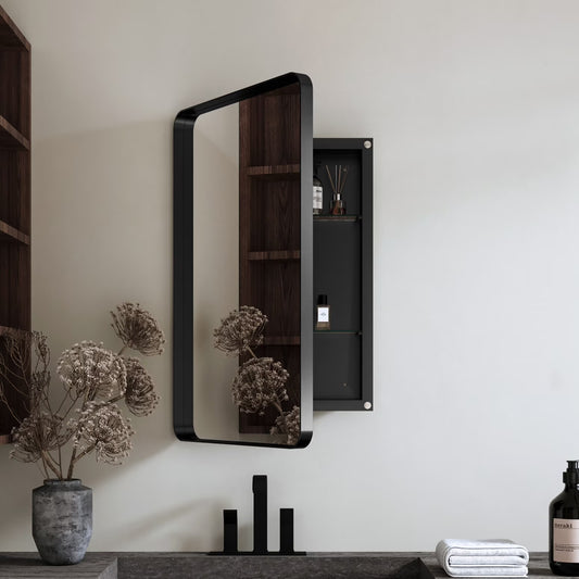20x30 Inch Recessed Black Metal Medicine Cabinet with Full-Length Mirror - Adjustable Tempered Glass Shelves, Moisture-Resistant Storage, Wall-Mounted Design for Modern & Traditional Bathrooms
