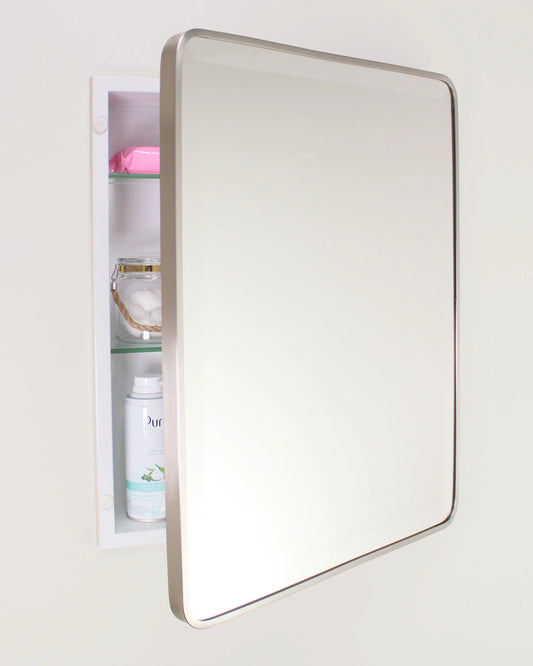 16x20 Austin Farmhouse Metal Framed Rounded Rectangle Recessed Bathroom Medicine Cabinet, Beveled Mirror, 14x18 in-Wall Opening, Powder-coated Steel, Adjustable Glass Shelves, Magnet Close, White