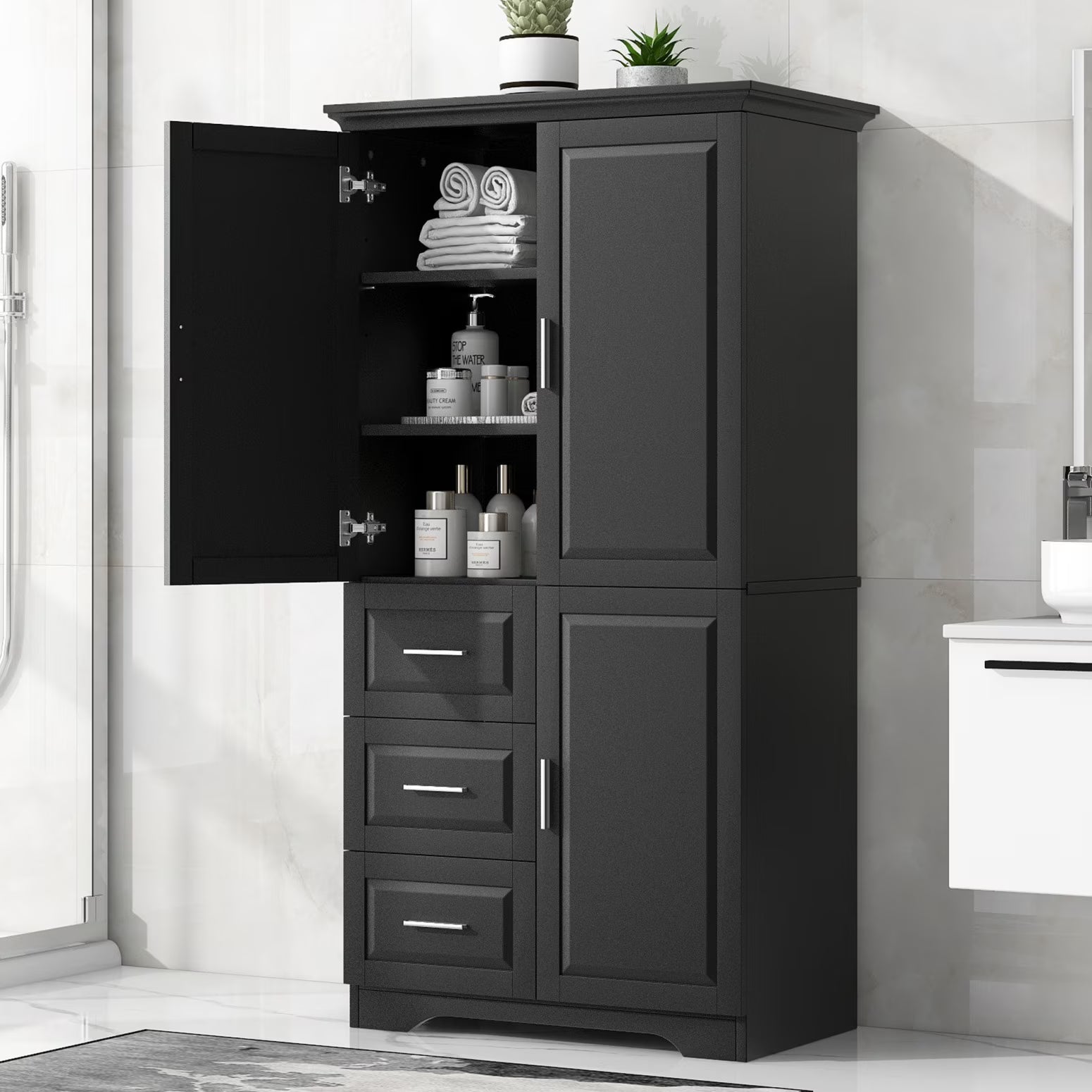 Bathroom Cabinet, 62.2" Tall Storage Cabinet with Doors and Shelves, Freestanding Linen Closet for Bathroom, Kitchen, Living Room, Grey