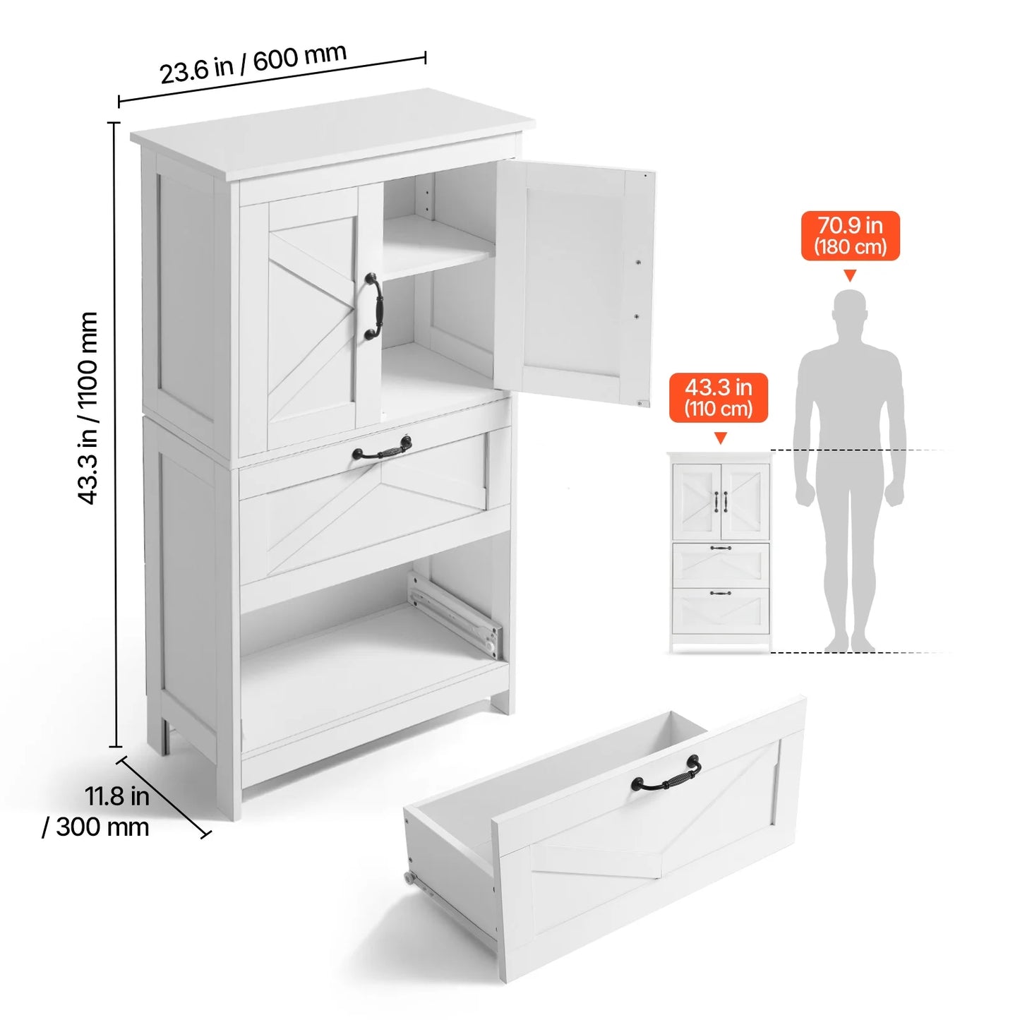 KFFKFF 4-Tier Bathroom Floor Cabinet, Wooden Storage Organizer with 2 Doors, 2 Drawers, and Adjustable Shelf, Freestanding Cupboard for Kitchen, Living Room, or Entryway, White