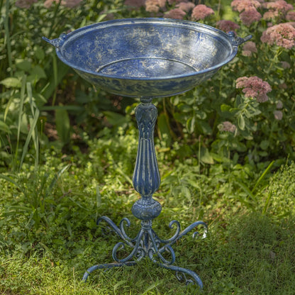 Zaer Ltd. Ornate Pedestal Style Birdbath with Cast Iron Birds on Rim (Blue)
