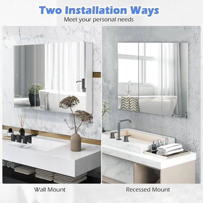 SZWS Mirrored Medicine Cabinet, Large Wide Wall Mounted Storage Cabinet with 3 Mirror Doors & Adjustable Shelf, Hanging Bathroom Organizer, White, 36 x 4.5 x 25.5 Inches