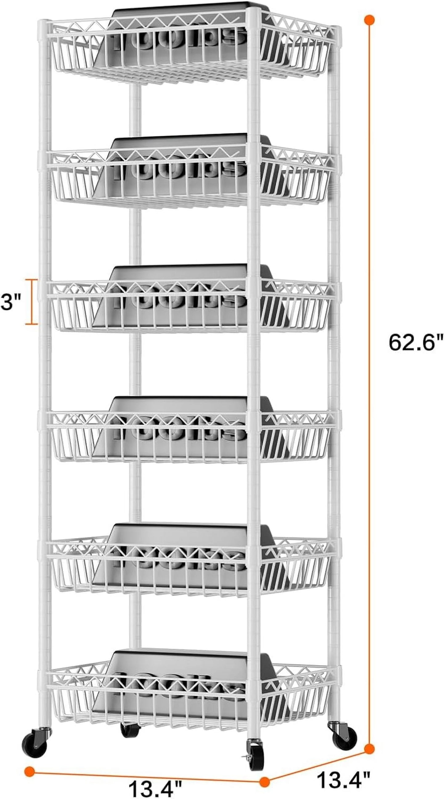 6 Tier Wire Shelving Unit with Wheels Baskets Storage Rack Corner Shelves Adjustable Shelf Closet Bathroom Organizers Metal Pantry Kitchen Garage Laundry Room 13.5" D x 13.5" W x 63" H White