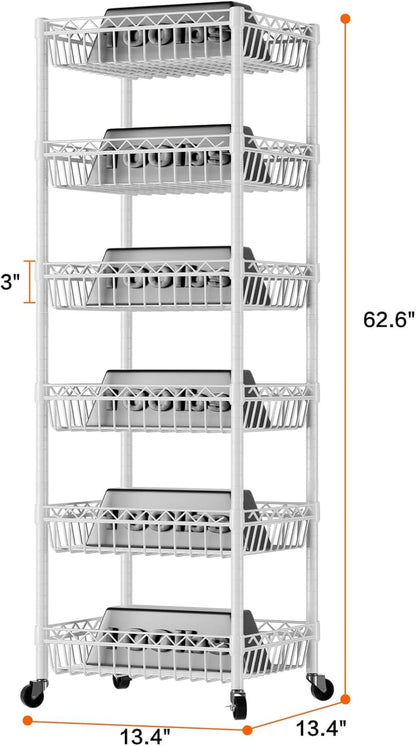 6 Tier Wire Shelving Unit with Wheels Baskets Storage Rack Corner Shelves Adjustable Shelf Closet Bathroom Organizers Metal Pantry Kitchen Garage Laundry Room 13.5" D x 13.5" W x 63" H White