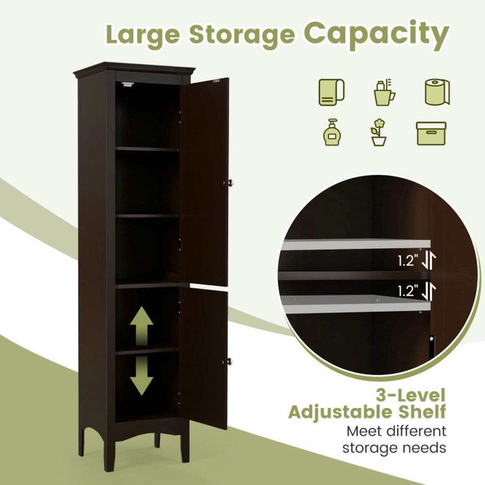 Canddidliike Tall Bathroom Floor Cabinet with Shutter Doors and Adjustable Shelf-Brown, Bathroom Floor Cabinet for Entryway Storage, Home Office Furniture
