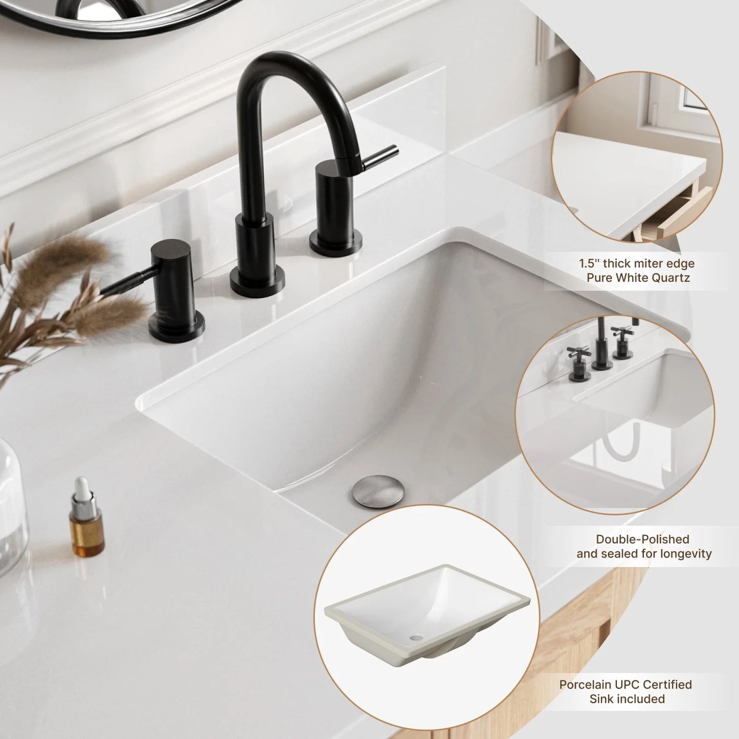ARIEL Cambridge 61 Inch Single Rectangle Sink Bathroom Vanity With Pure White Quartz Countertop 1.5 Inch Edge In Oak
