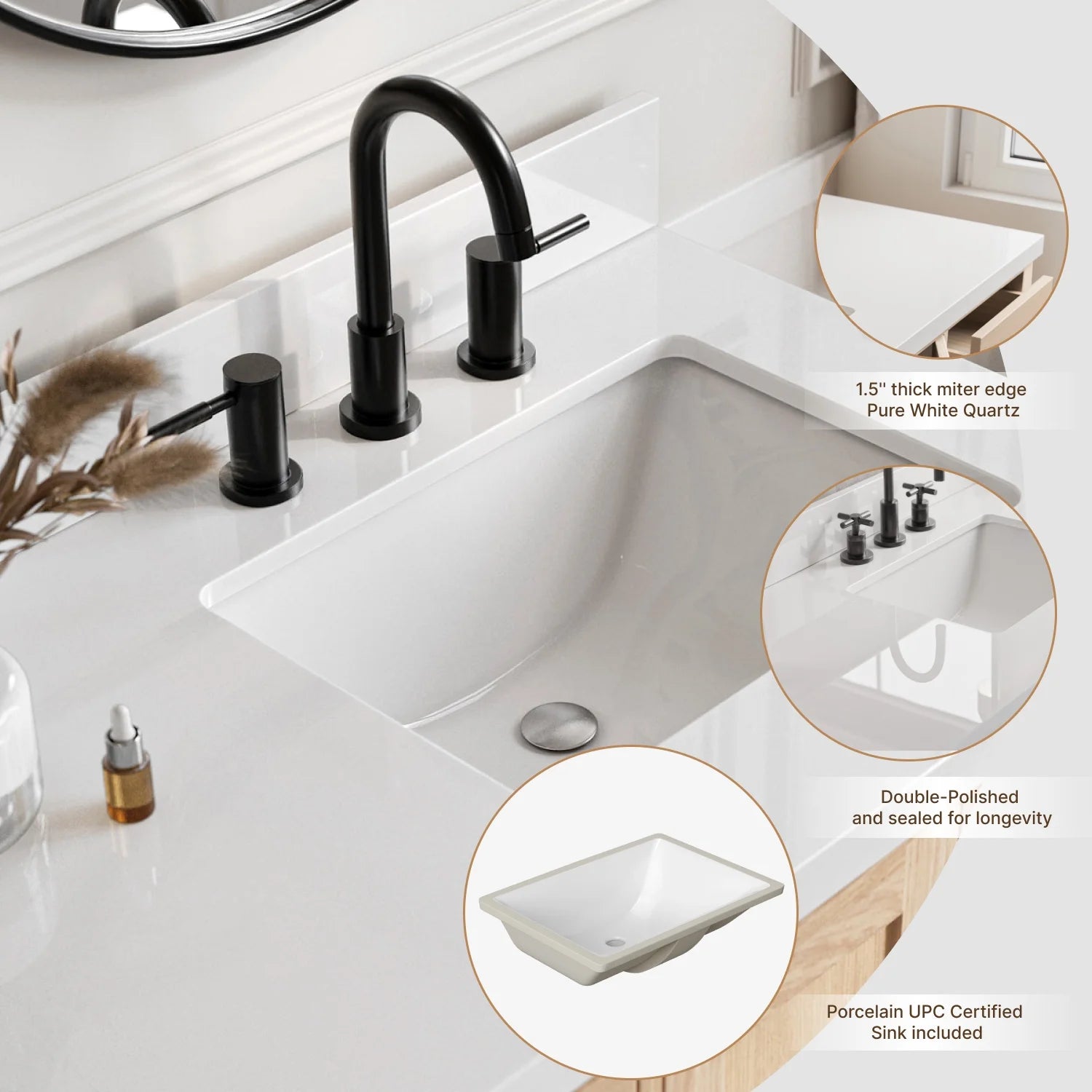 ARIEL Cambridge 61 Inch Single Rectangle Sink Bathroom Vanity With Pure White Quartz Countertop 1.5 Inch Edge In Oak