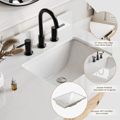 ARIEL Cambridge 61 Inch Single Rectangle Sink Bathroom Vanity With Pure White Quartz Countertop 1.5 Inch Edge In Oak