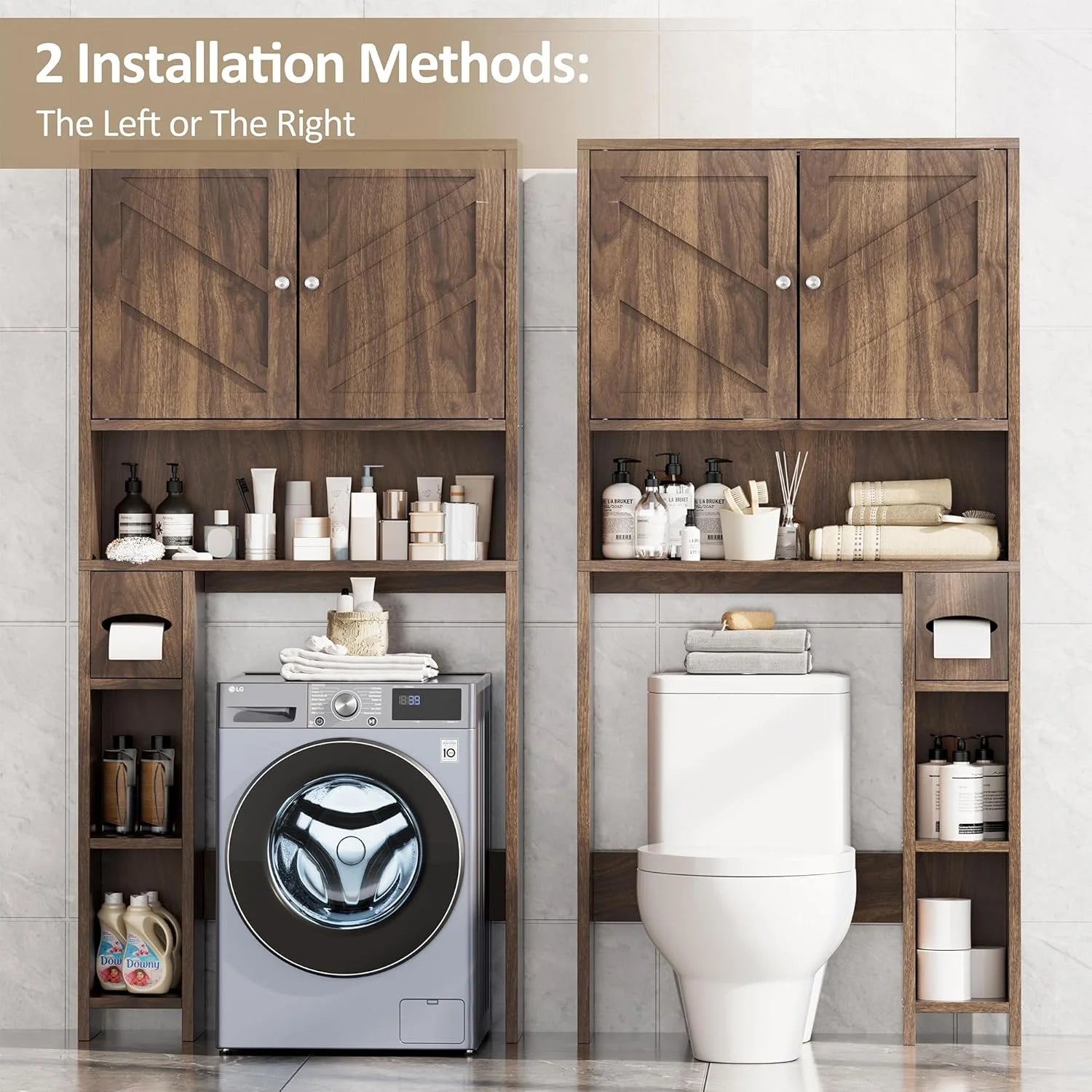 Over The Toilet Storage Cabinet, Farmhouse Storage Cabinet Over Toilet with Toilet Paper Holder Stand, Freestanding Bathroom Storage Organizer Space Saver W/Adjustable Shelf, Walnut