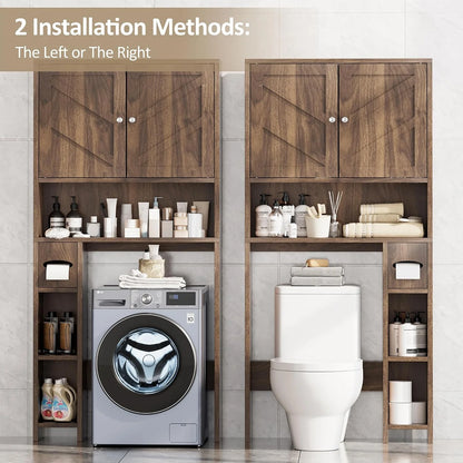 Over The Toilet Storage Cabinet, Farmhouse Storage Cabinet Over Toilet with Toilet Paper Holder Stand, Freestanding Bathroom Storage Organizer Space Saver W/Adjustable Shelf, Walnut