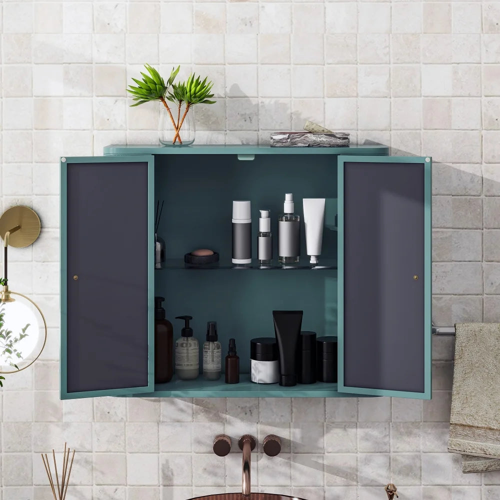 Army Green Bathroom Cabinet - Wall-Mounted Mirror Storage with 2 Doors & Open Shelf - Farmhouse Metal Frame for Vanity/Toilet