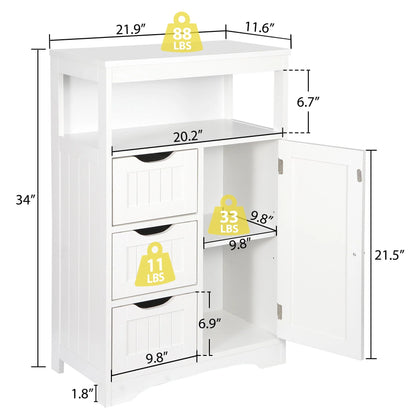 ZENY Bathroom Floor Cabinet, Free Standing Storage Cabinet with 3 Drawers and Adjustable Shelf, Modern Cupboard for Home Living Room Office, White
