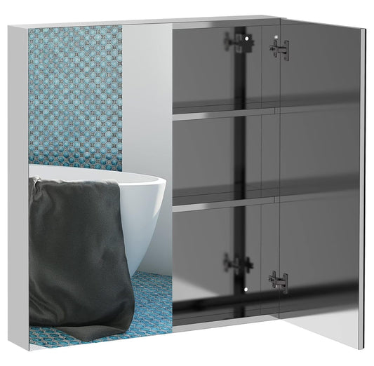 Alieon Bathroom Mirrored Cabinet, 24"x26" Stainless Steel Frame Medicine Cabinet, Wall-Mounted Storage Organizer with Double Doors, Silver
