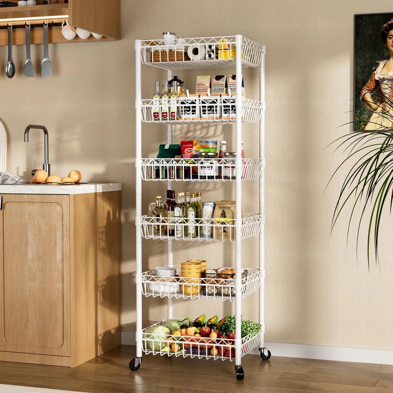 6 Tier Wire Shelving Unit with Wheels Baskets Storage Rack Corner Shelves Adjustable Shelf Closet Bathroom Organizers Metal Pantry Kitchen Garage Laundry Room 13.5" D x 13.5" W x 63" H White