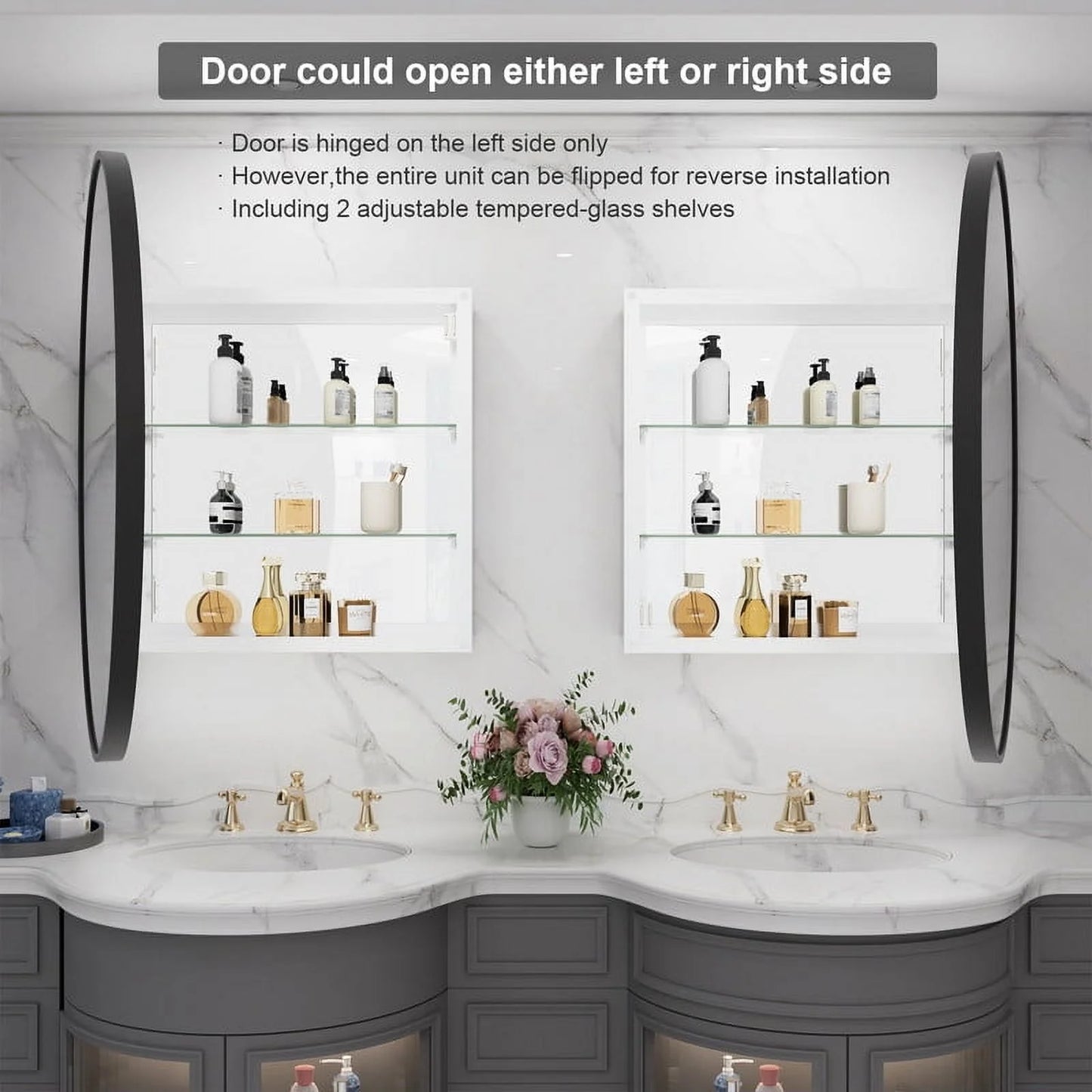 WallBeyond Bathroom Medicine Cabinet with Round Mirror Aluminum Framed 28", Black