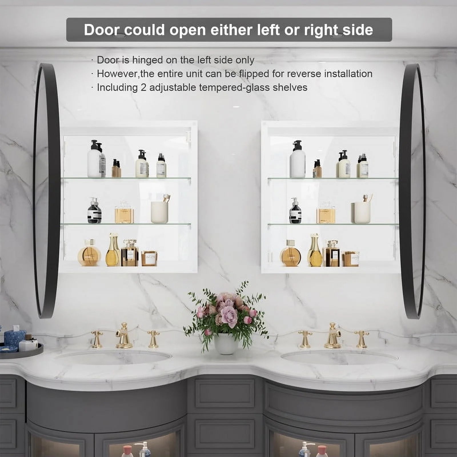 WallBeyond Bathroom Medicine Cabinet with Round Mirror Aluminum Framed 28", Black