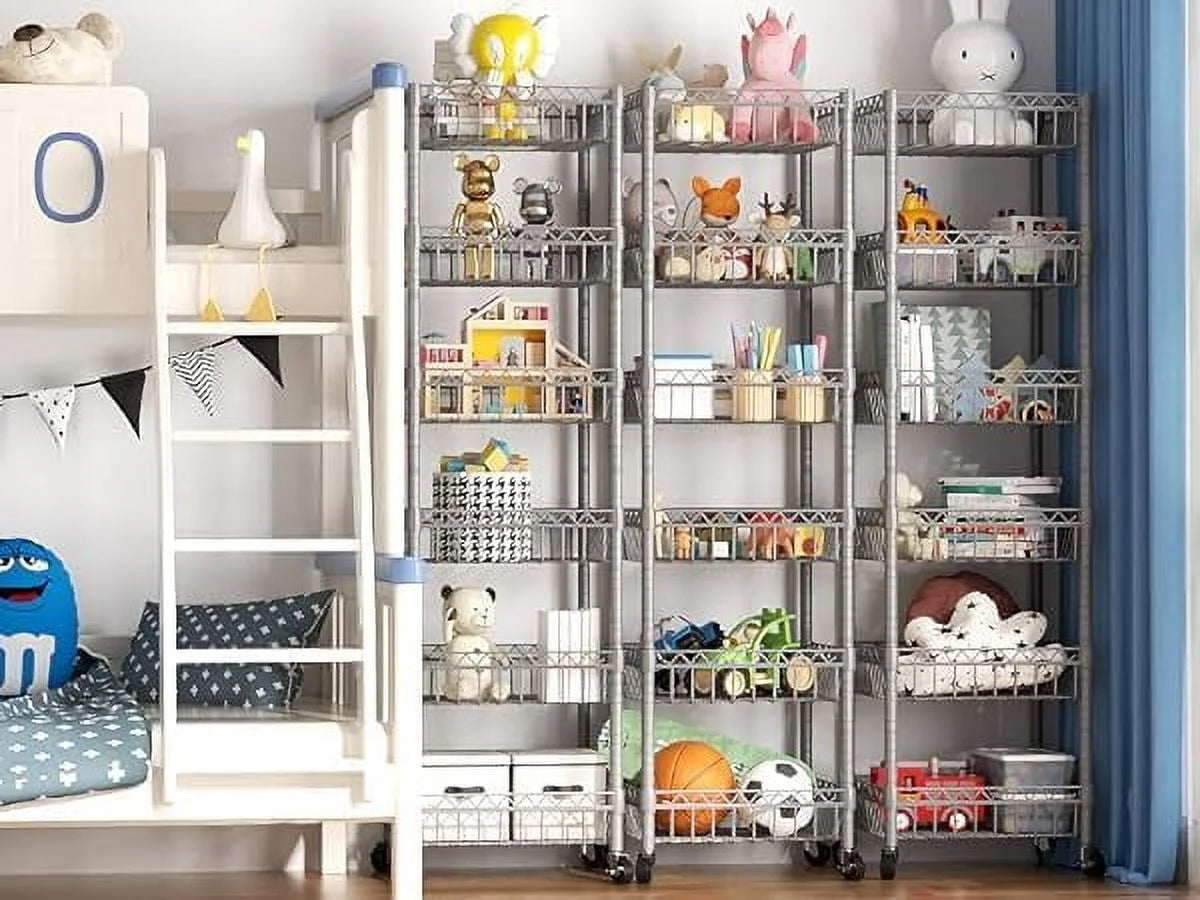 6 Tier Wire Shelving Unit with Wheels Baskets Storage Rack Corner Shelves Adjustable Shelf Closet Bathroom Organizers Metal Pantry Kitchen Garage Laundry Room 13.5" D x 13.5" W x 63" H Silver