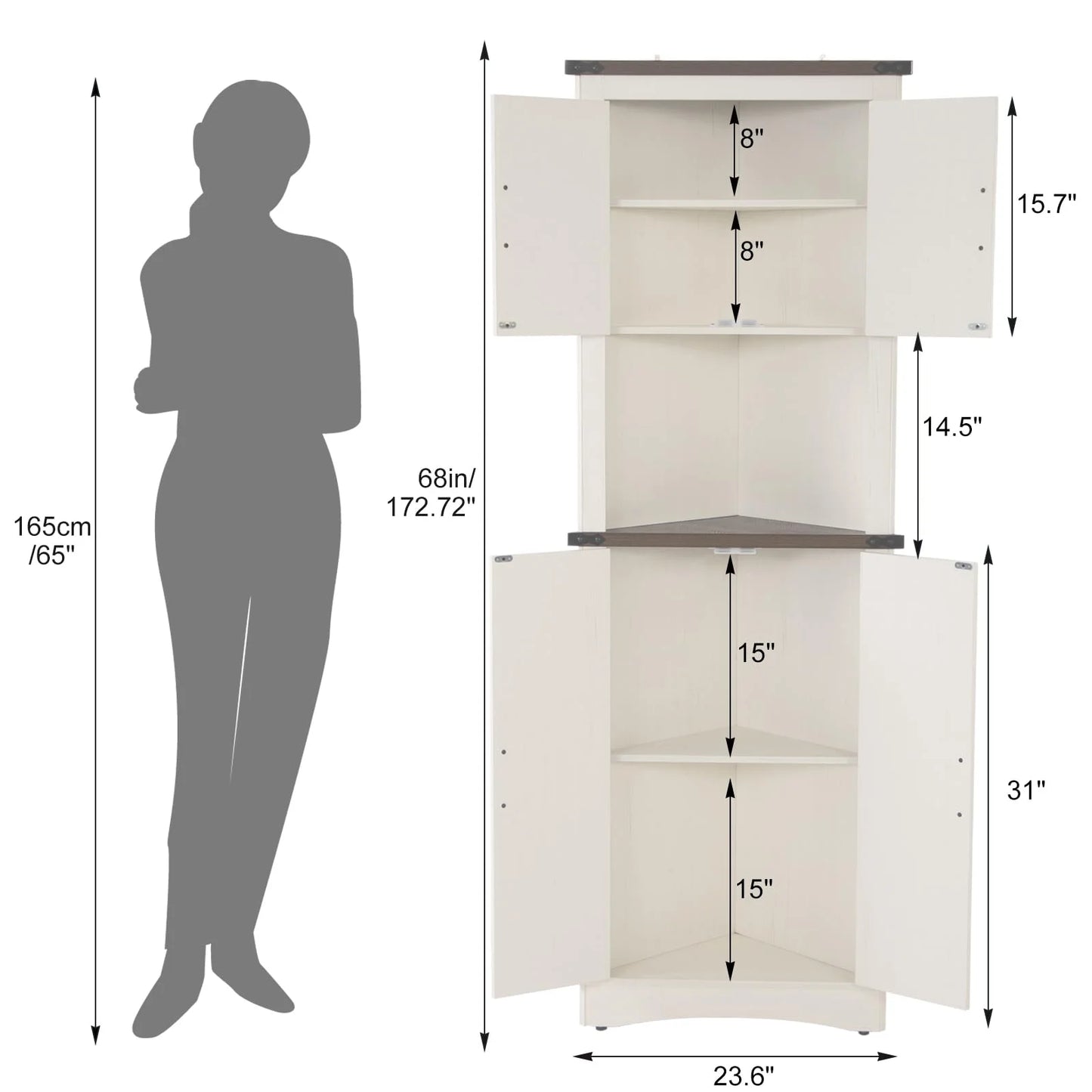 ChVans Farmhouse 68" Tall Corner Cabinet w/4 Barn Doors, 5 Tier Bookcase Storage Cabinet with Adjustable Shelves, Corner Storage Cabinet for Bathroom,Living Room,Kitchen, White-Brown