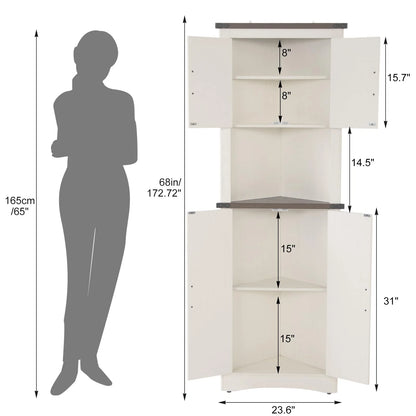 ChVans Farmhouse 68" Tall Corner Cabinet w/4 Barn Doors, 5 Tier Bookcase Storage Cabinet with Adjustable Shelves, Corner Storage Cabinet for Bathroom,Living Room,Kitchen, White-Brown