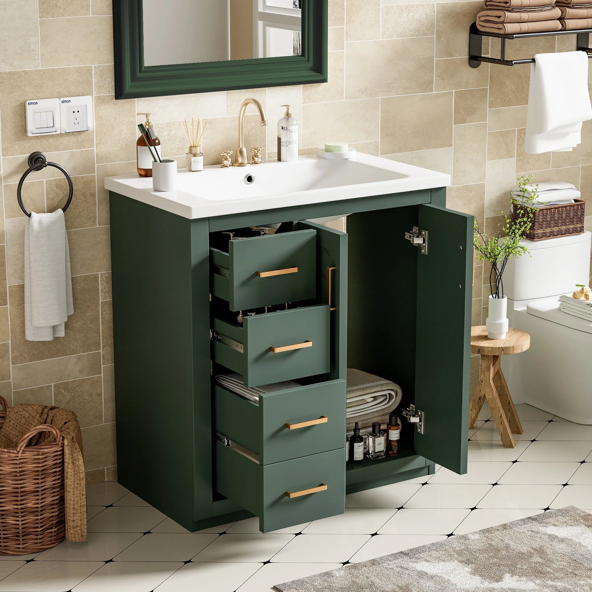 ENSHUI 30-Inch Bathroom Vanity with Ceramic Sink Combo, Solid Wood Frame, 4 Drawers, Soft Closing Doors, Green