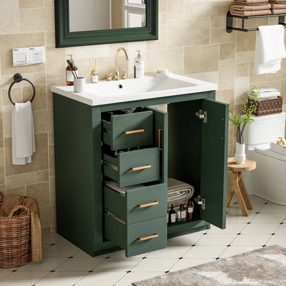ENSHUI 30-Inch Bathroom Vanity with Ceramic Sink Combo, Solid Wood Frame, 4 Drawers, Soft Closing Doors, Green