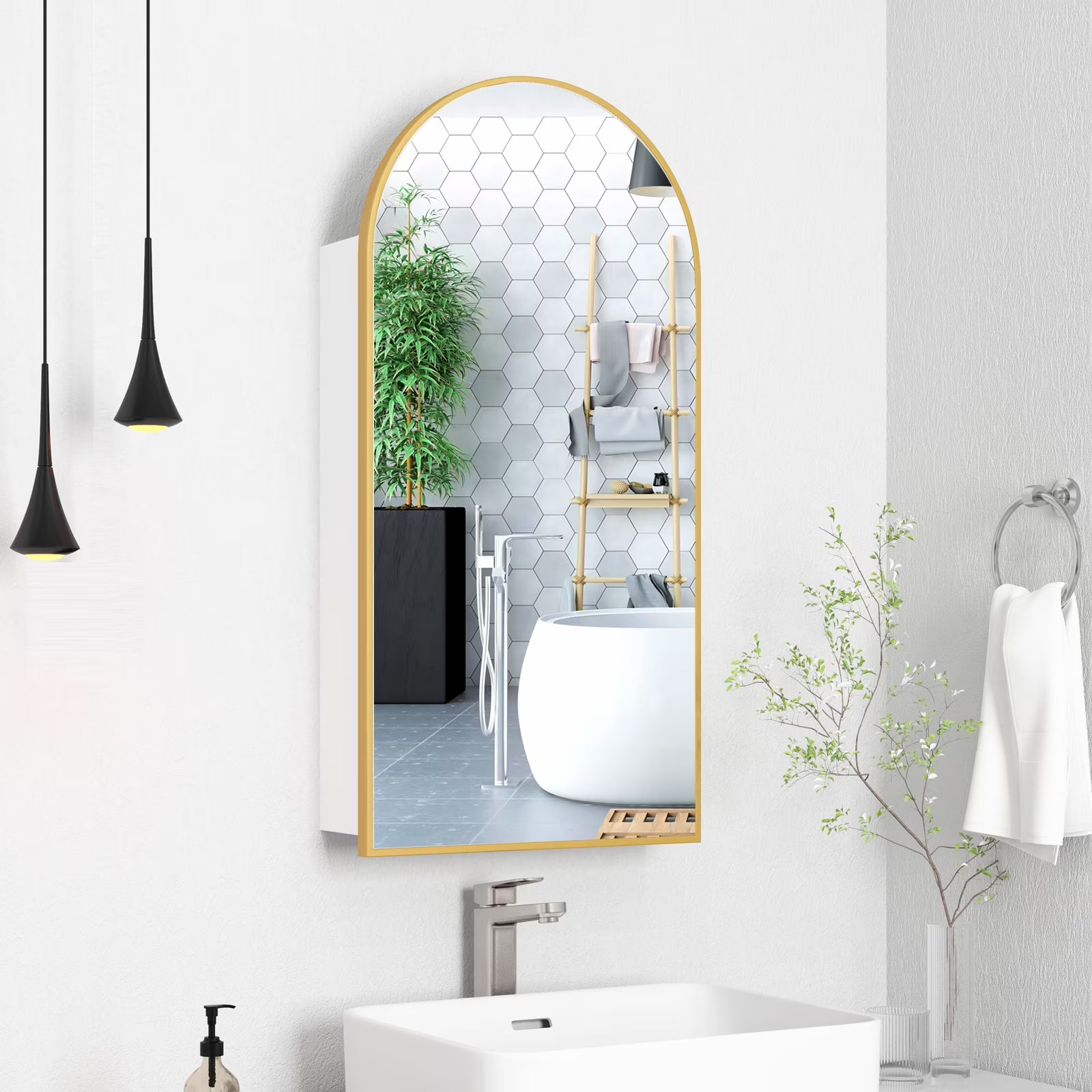 FKWin Arched Bathroom Medicine Cabinet with Mirror - Aluminum Framed Bathroom Mirror with Storage, Black Mirrored Medicine Cabinet, Wall Surface Mounted, 31.4"H x 15.7"W x 3.9"D