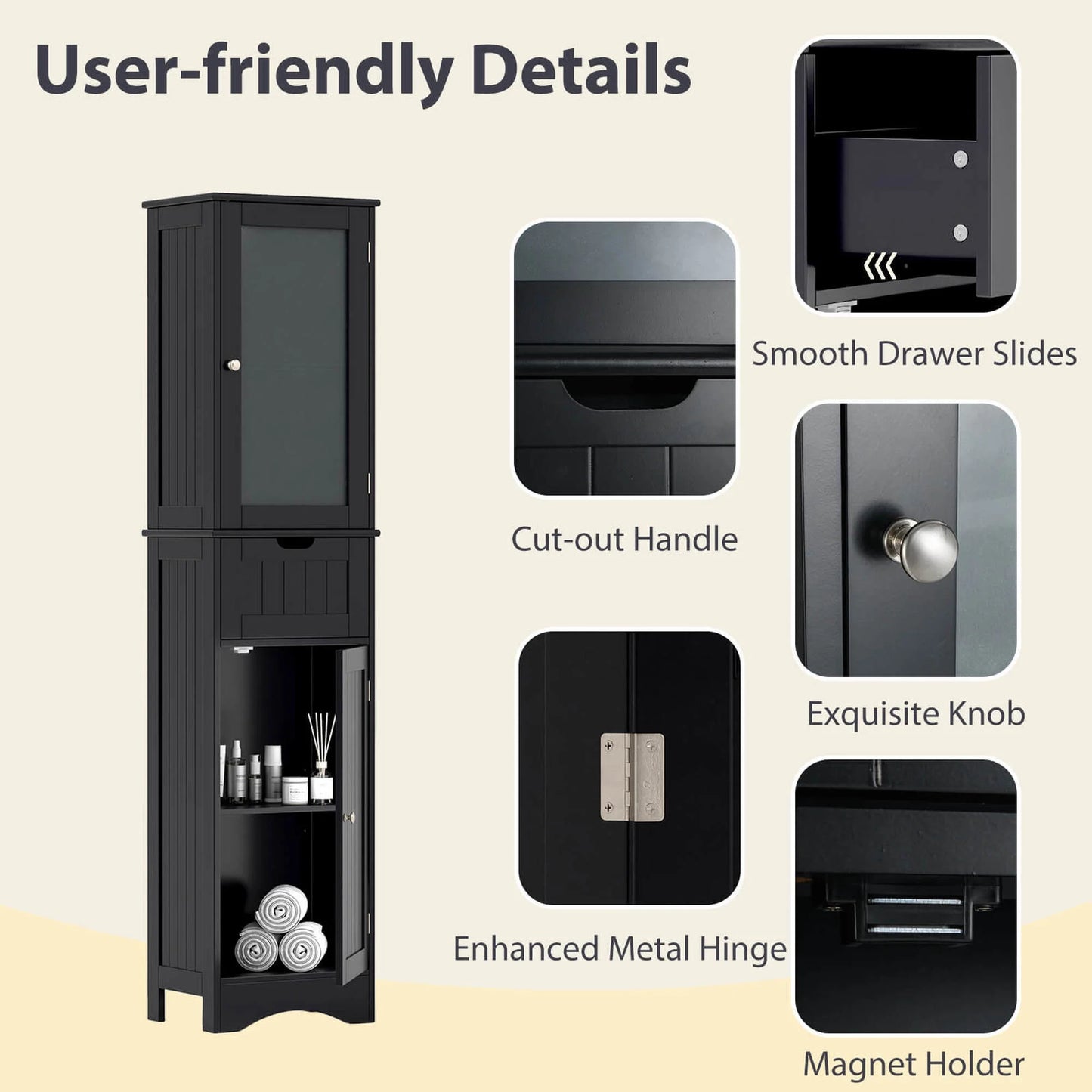 Costway Tall Bathroom Cabinet with Adjustable Shelves Deep Drawer for Living Room Black