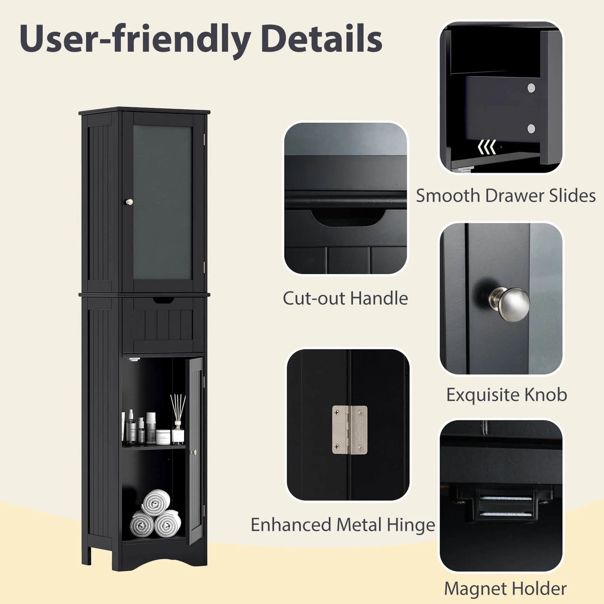 Costway Tall Bathroom Cabinet with Adjustable Shelves Deep Drawer for Living Room Black