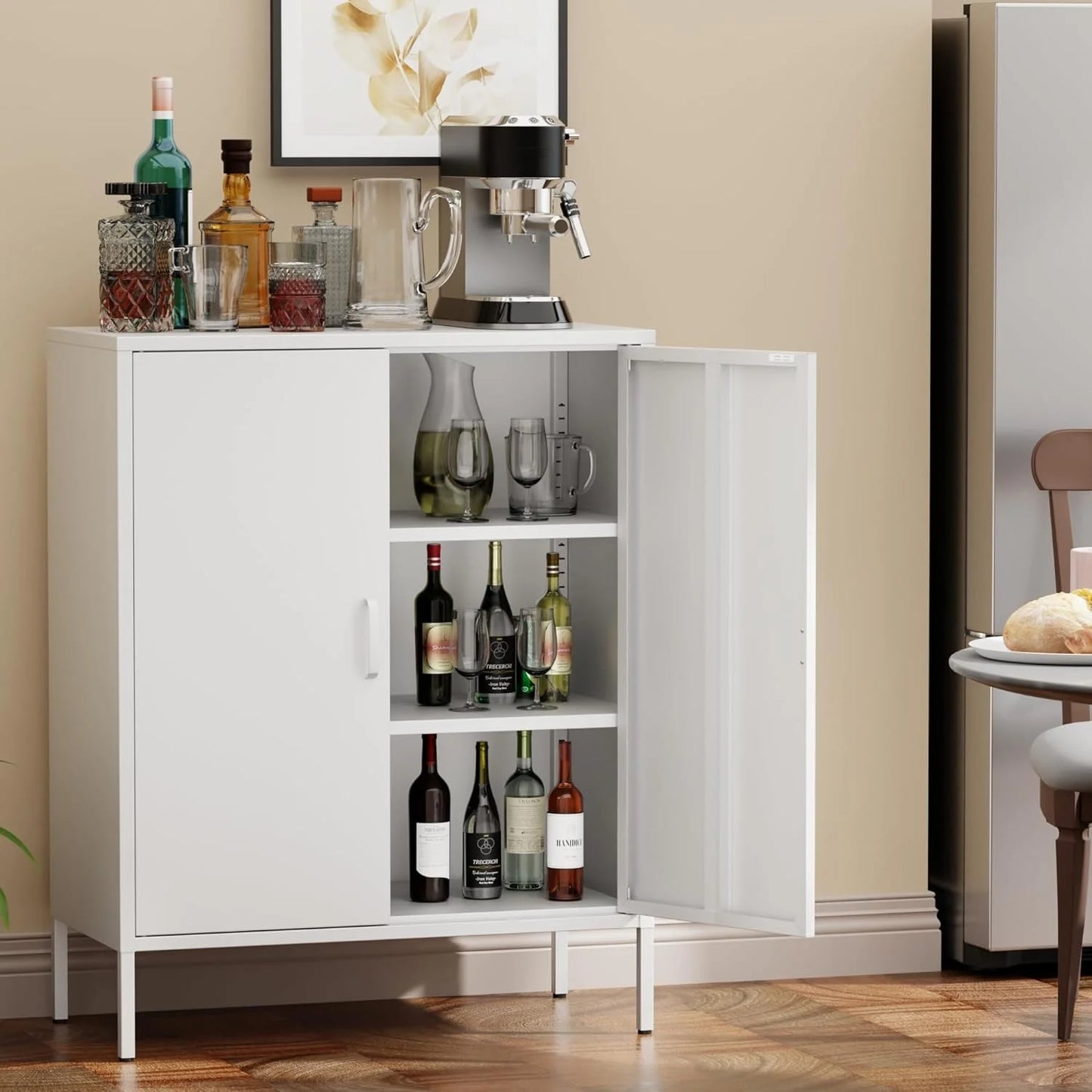 White Metal Cabinet with Doors and Shelves,Metal Locker Storage Cabinet with Leg,3-Tier Office Cabinet,Metal Shelf Cabinet for Home Office,Bathroom,Coffee Bar,Balcony