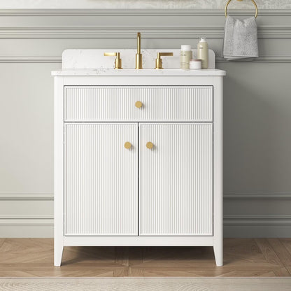 Deluxe Living 48" Bathroom Vanity with Marble Top, Fully-Assembled vanity with Ceramic Sink,Solid Wood Frame,Greige White