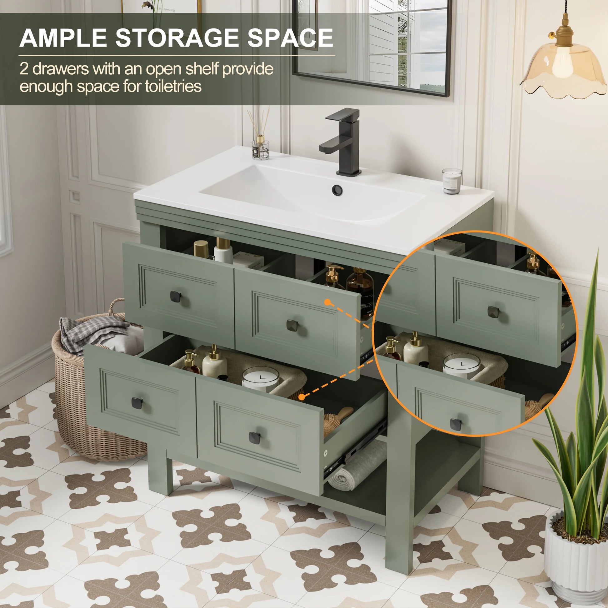 Eclife 30" Single Bathroom Vanity With Ceramic Sink Top, 2 Smooth Drawers, Faucet