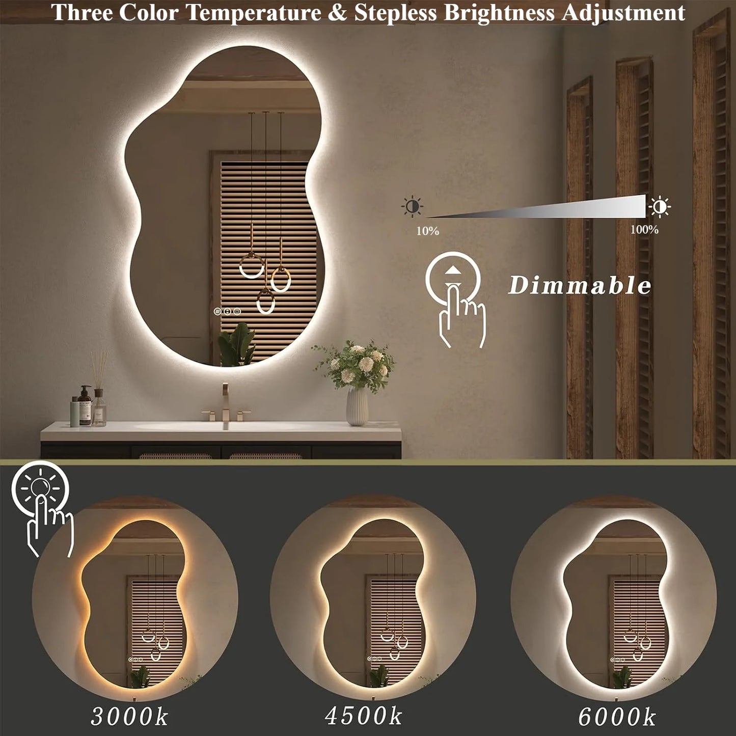 Irregular 32"x 24" Led Bathroom Mirror with Lights, Backlit Cloud-Shape Vanity Mirror for Wall, Dimmable 3 Colors Asymmetrical Mirror, Memory Function