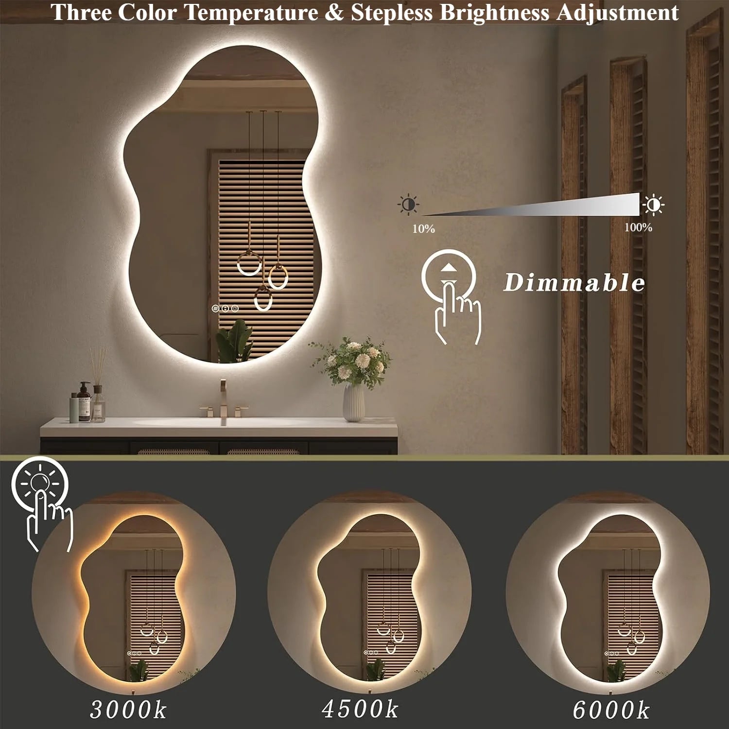 Irregular 32"x 24" Led Bathroom Mirror with Lights, Backlit Cloud-Shape Vanity Mirror for Wall, Dimmable 3 Colors Asymmetrical Mirror, Memory Function