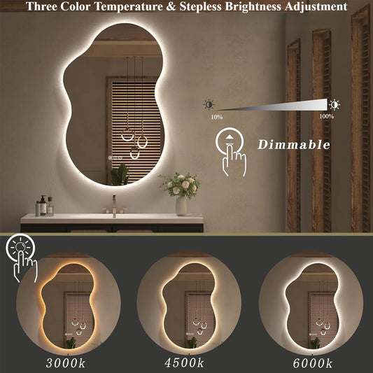 Irregular 32"x 24" Led Bathroom Mirror with Lights, Backlit Cloud-Shape Vanity Mirror for Wall, Dimmable 3 Colors Asymmetrical Mirror, Memory Function