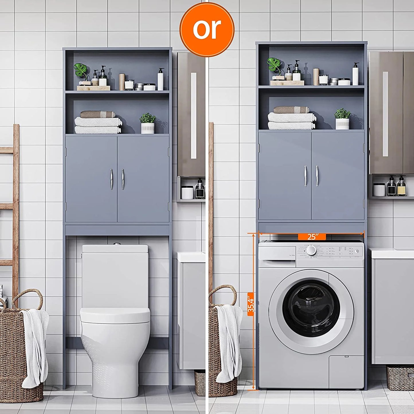 Tumis Over The Toilet Storage, Taller Bathroom Organizer Space-Saving Storage Cabinet with Adjustable Shelves and Double Doors, 77 in H, Grey